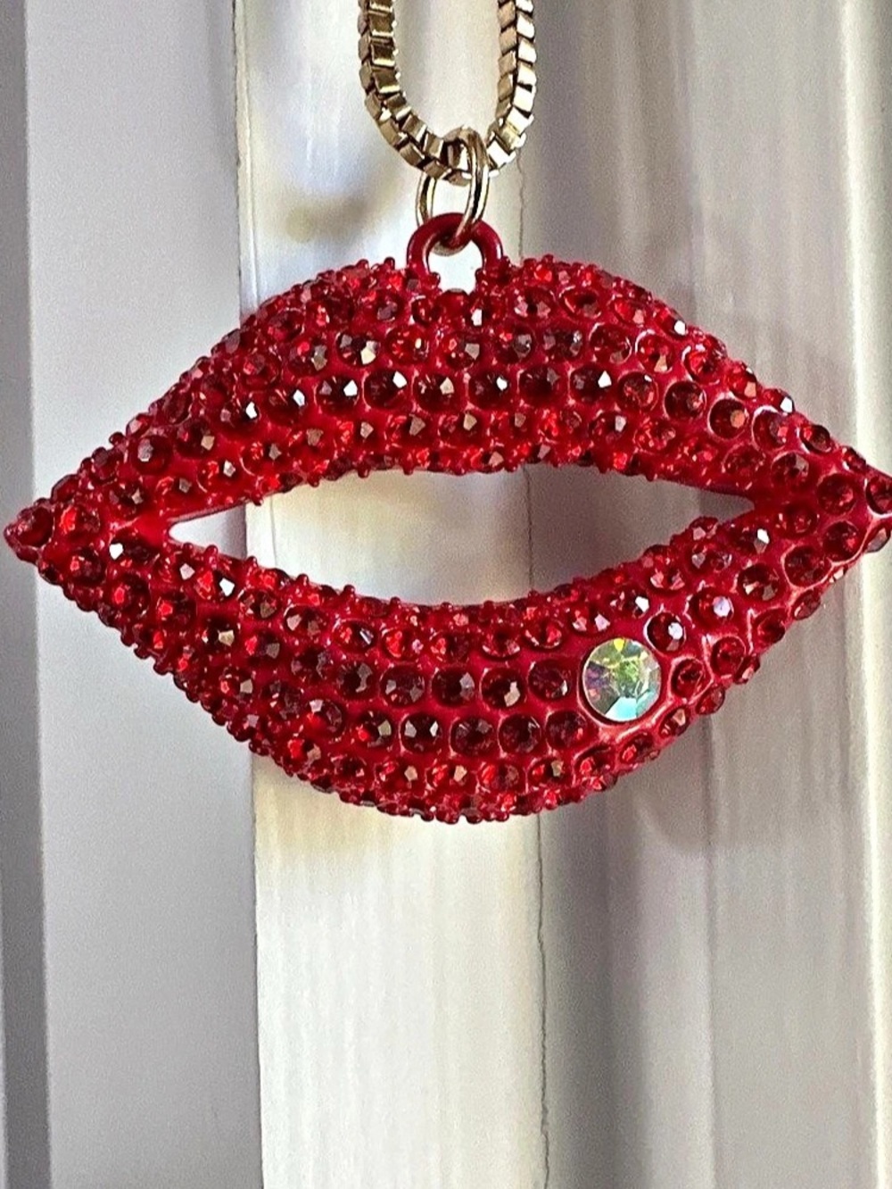 Betsey Johnson Lip Pendant Necklace Red Rhinestonew NWT